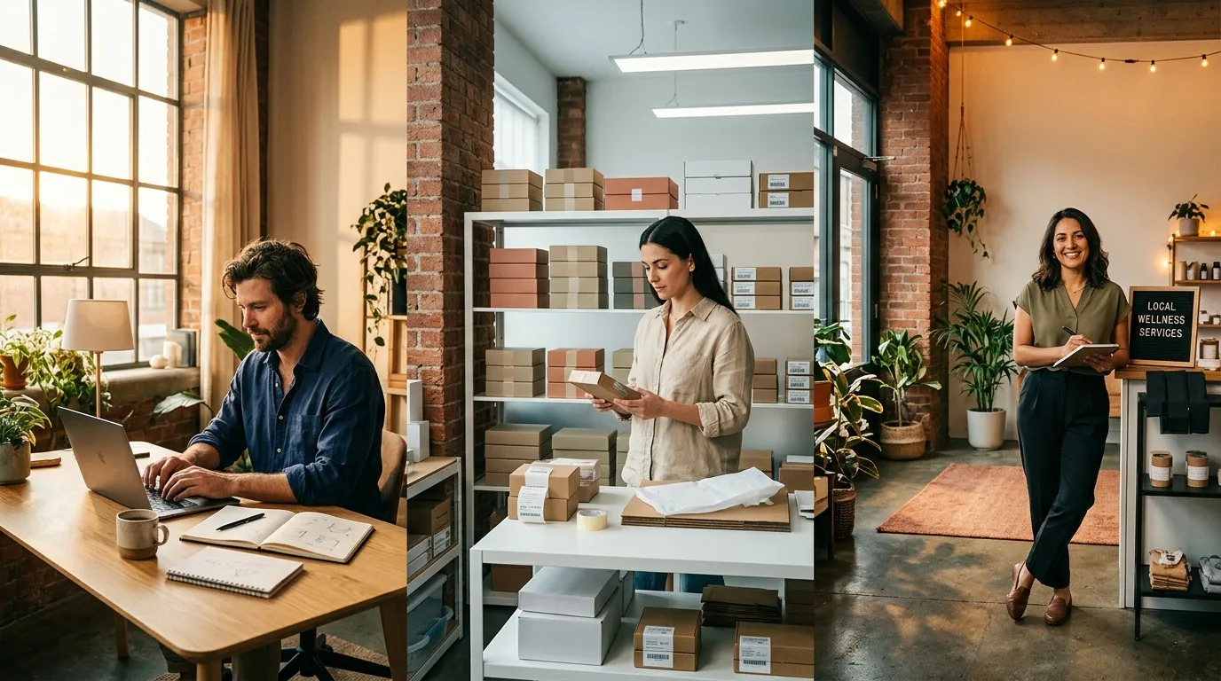Trois personnes travaillent dans un bureau moderne avec briques apparentes.