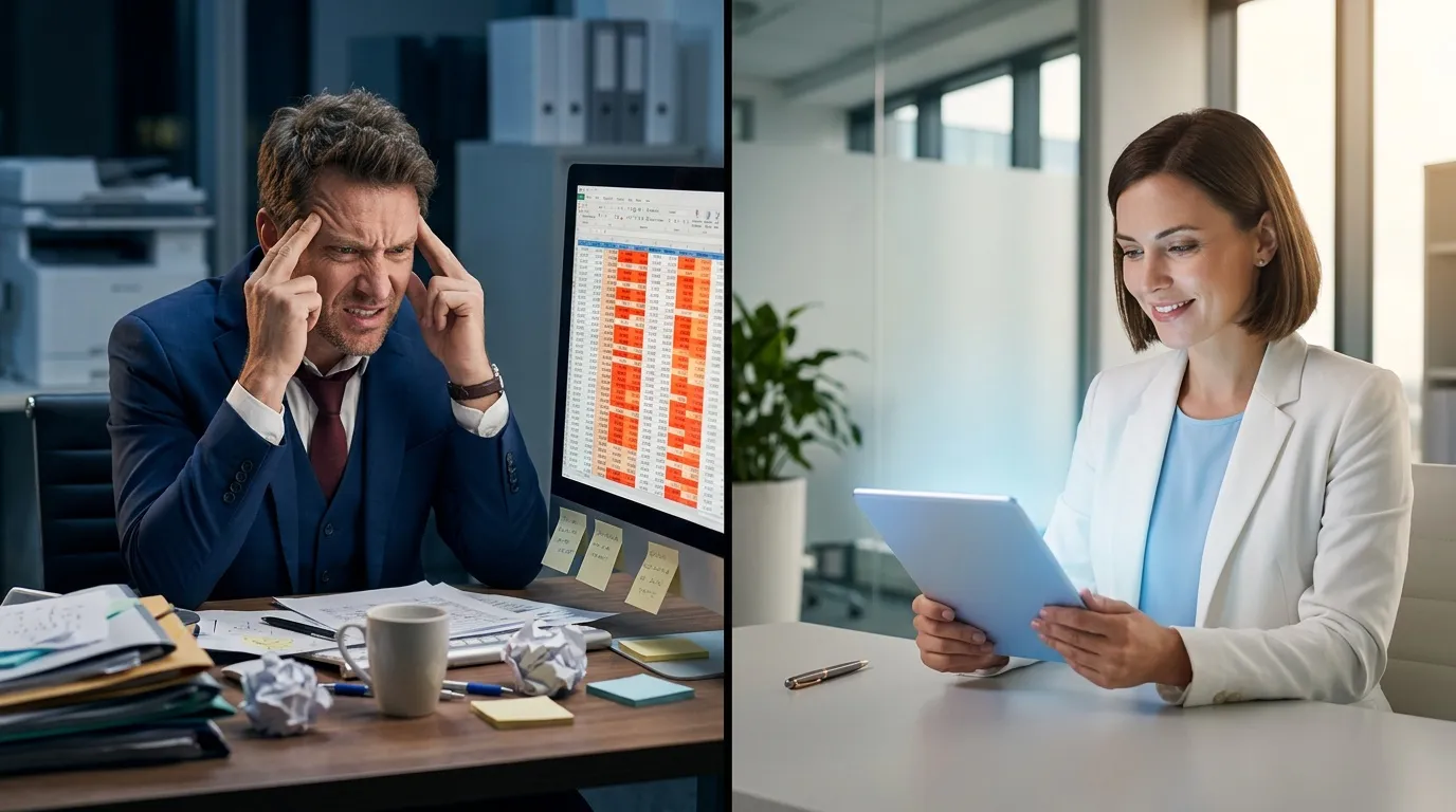 Homme stress&eacute; vs femme sereine au travail