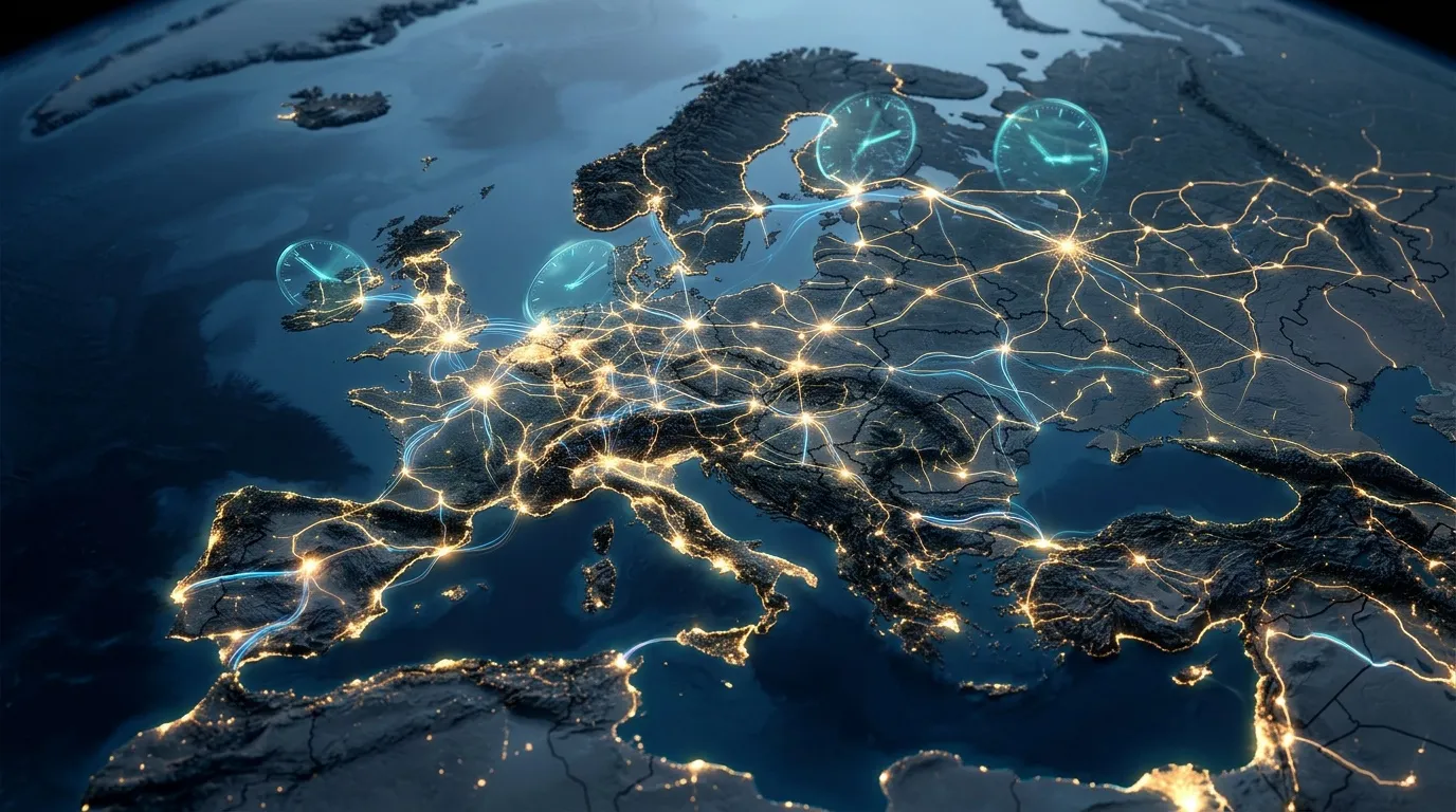 Carte Europe illuminée avec horloges numériques et connexions brillantes