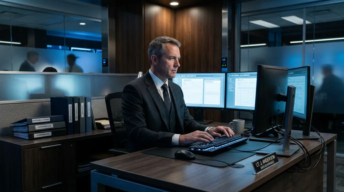 Homme en costume travaille à son bureau avec plusieurs écrans informatiques