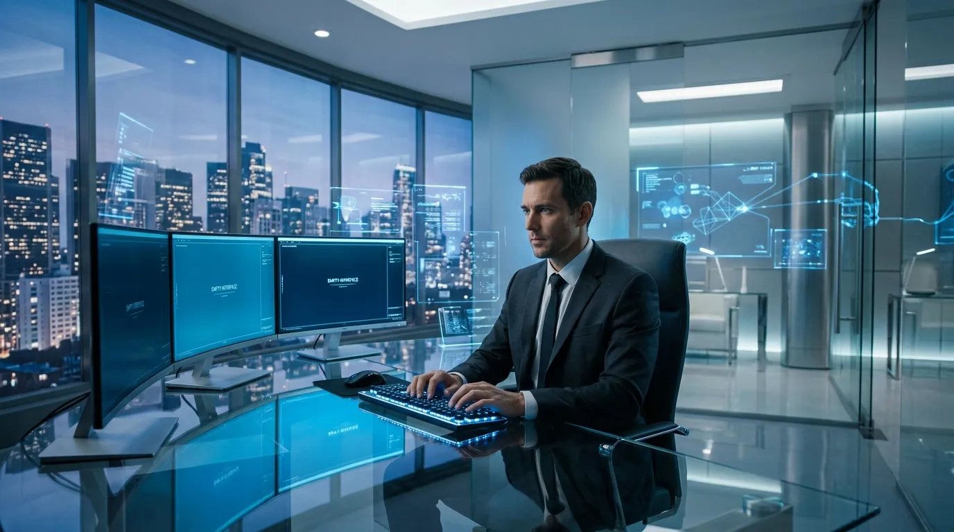 Homme d'affaires travaillant sur ordinateur dans bureau moderne futuriste