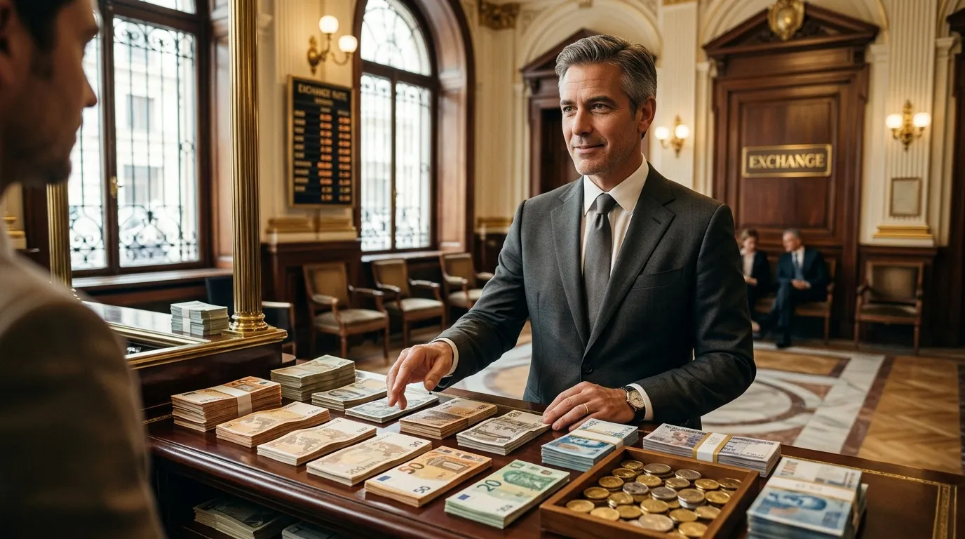 Homme d'affaires pr&eacute;sentant devises et pi&egrave;ces &agrave; un client