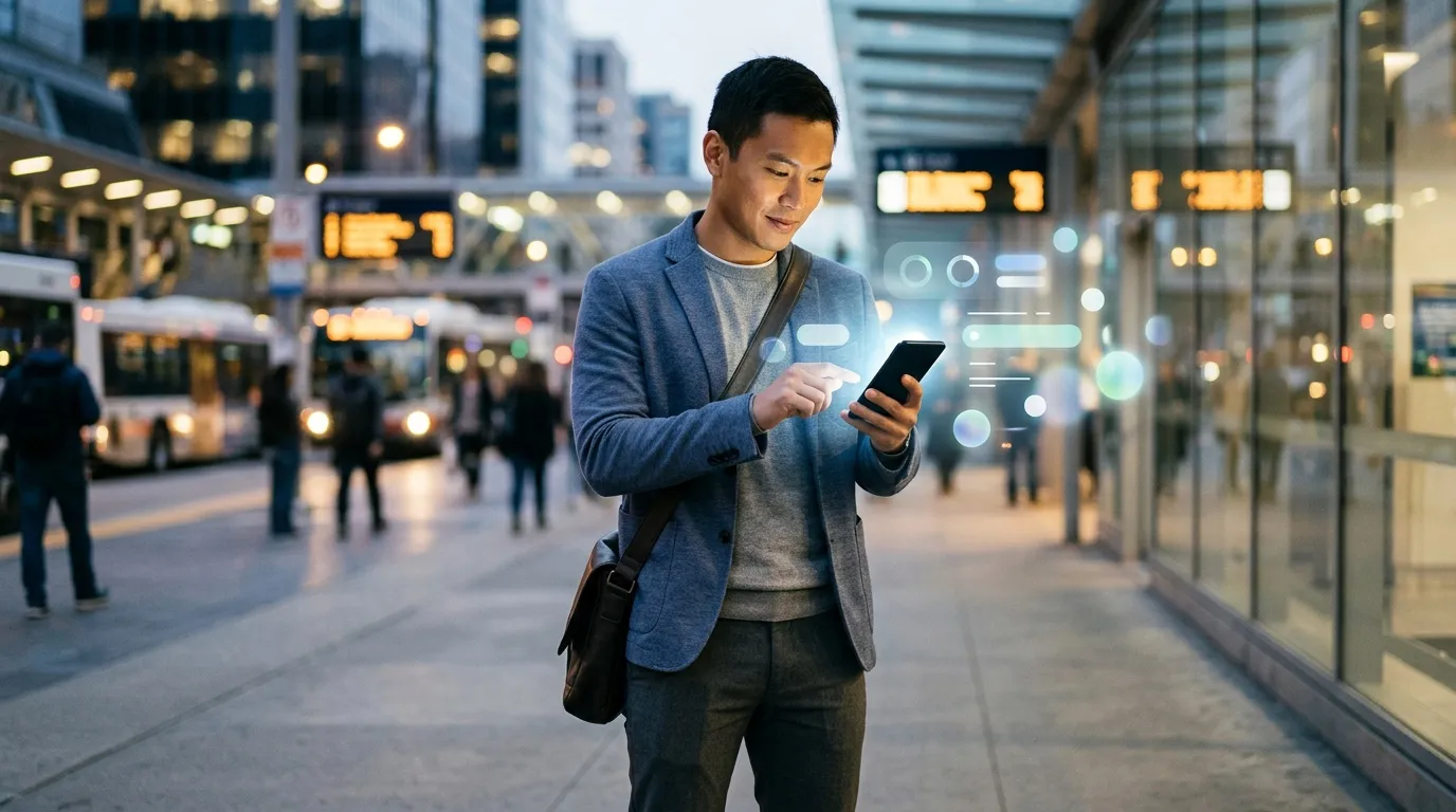 Homme en blazer bleu consultant son téléphone en ville