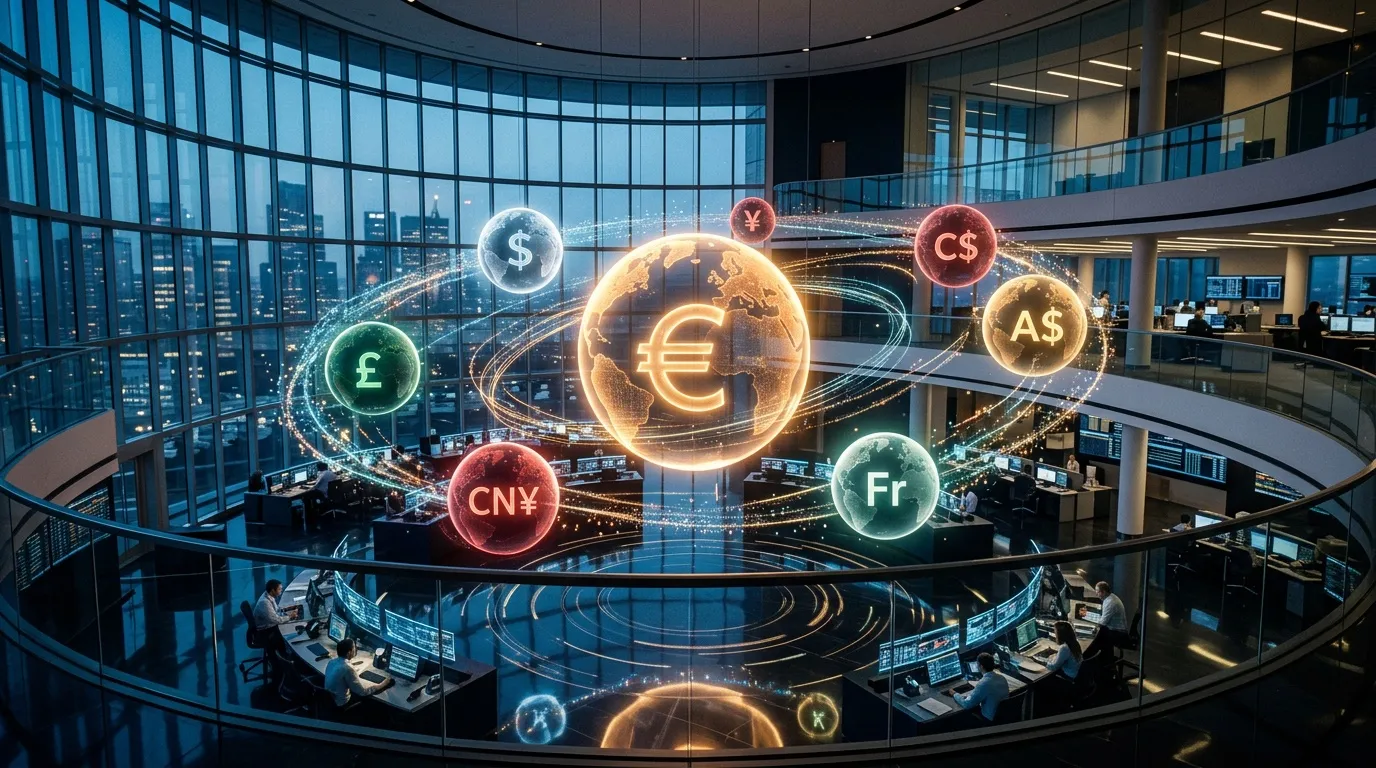Visualisation 3D des devises EUR, GBP, CNY, C$, A$ dans centre financier