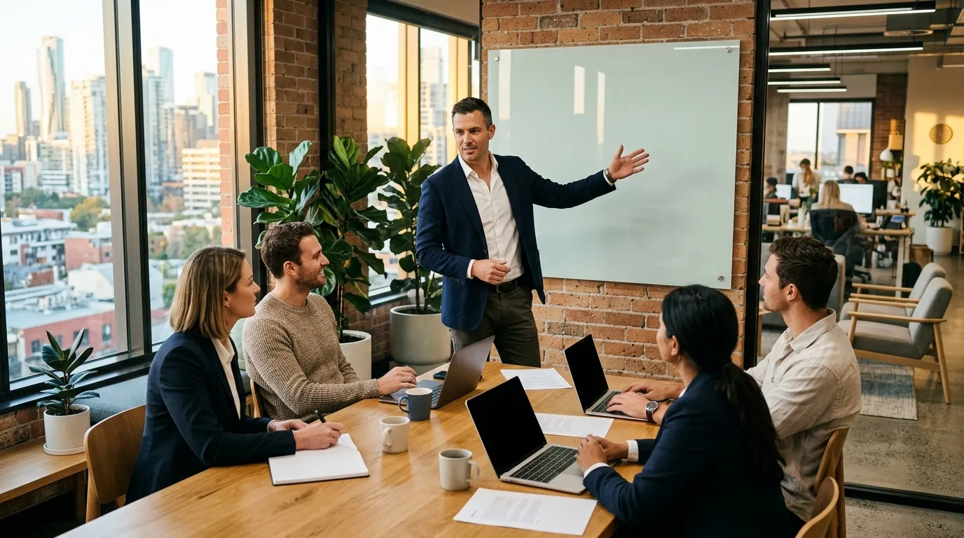 Homme pr&eacute;sente devant tableau blanc &agrave; quatre coll&egrave;gues assis