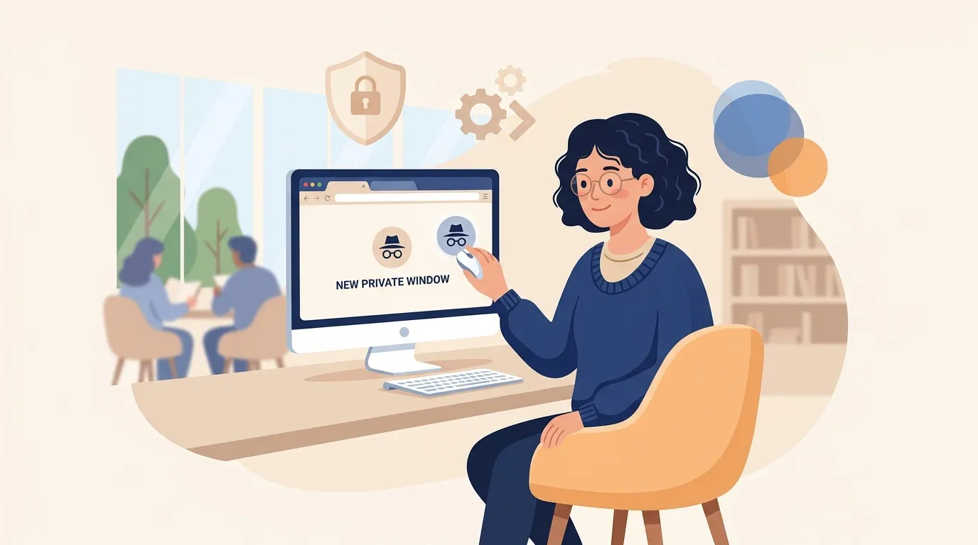 Femme utilisant fenêtre privée sur ordinateur pour confidentialité