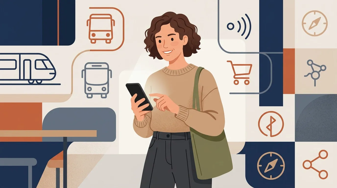 Femme utilisant smartphone avec ic&ocirc;nes transport et commerce