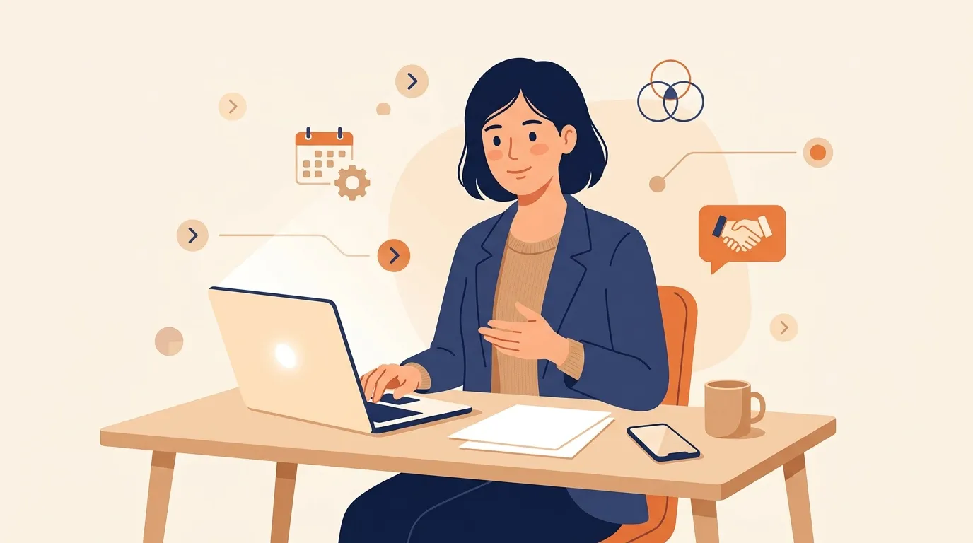 Femme au bureau avec laptop, téléphone et symboles de productivité