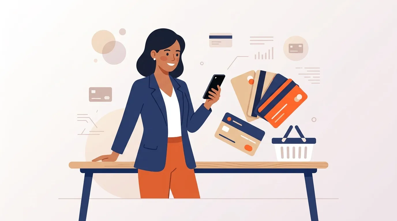 Femme avec smartphone entourée de cartes bancaires et symboles financiers