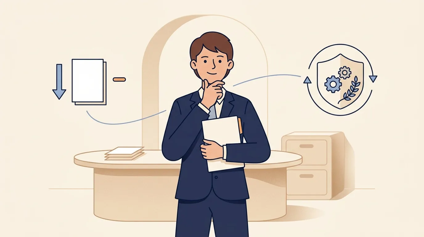 Homme en costume examinant des documents avec icônes de gestion