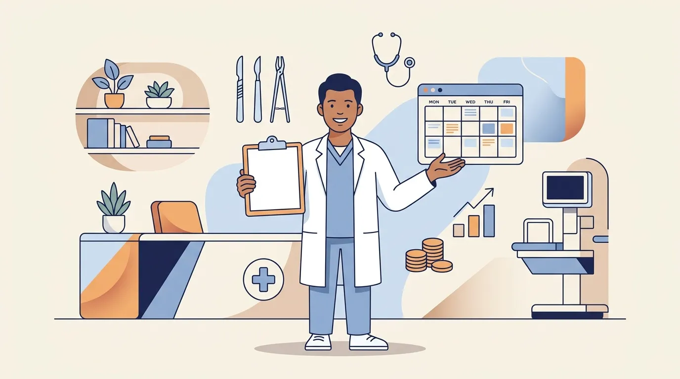 Médecin souriants dans cabinet avec agenda, outils et finances