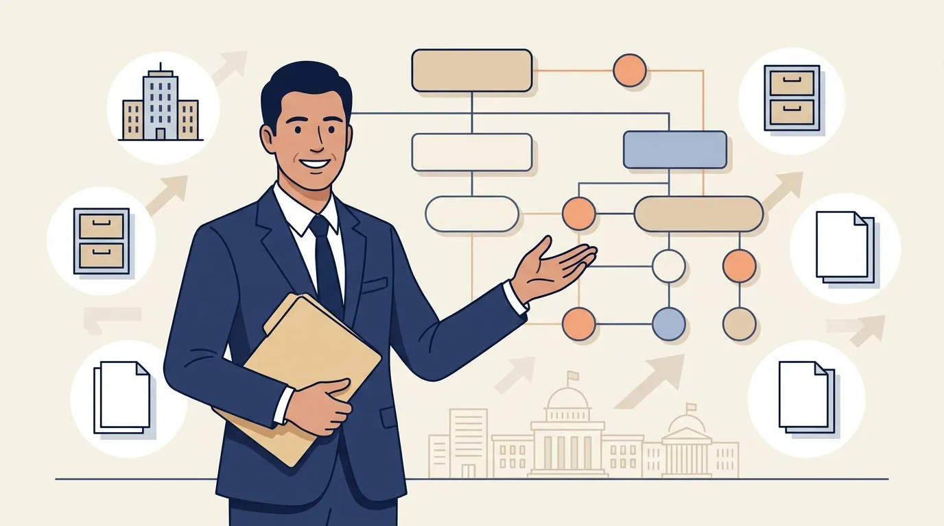 Homme d'affaires pr&eacute;sentant un organigramme organisationnel