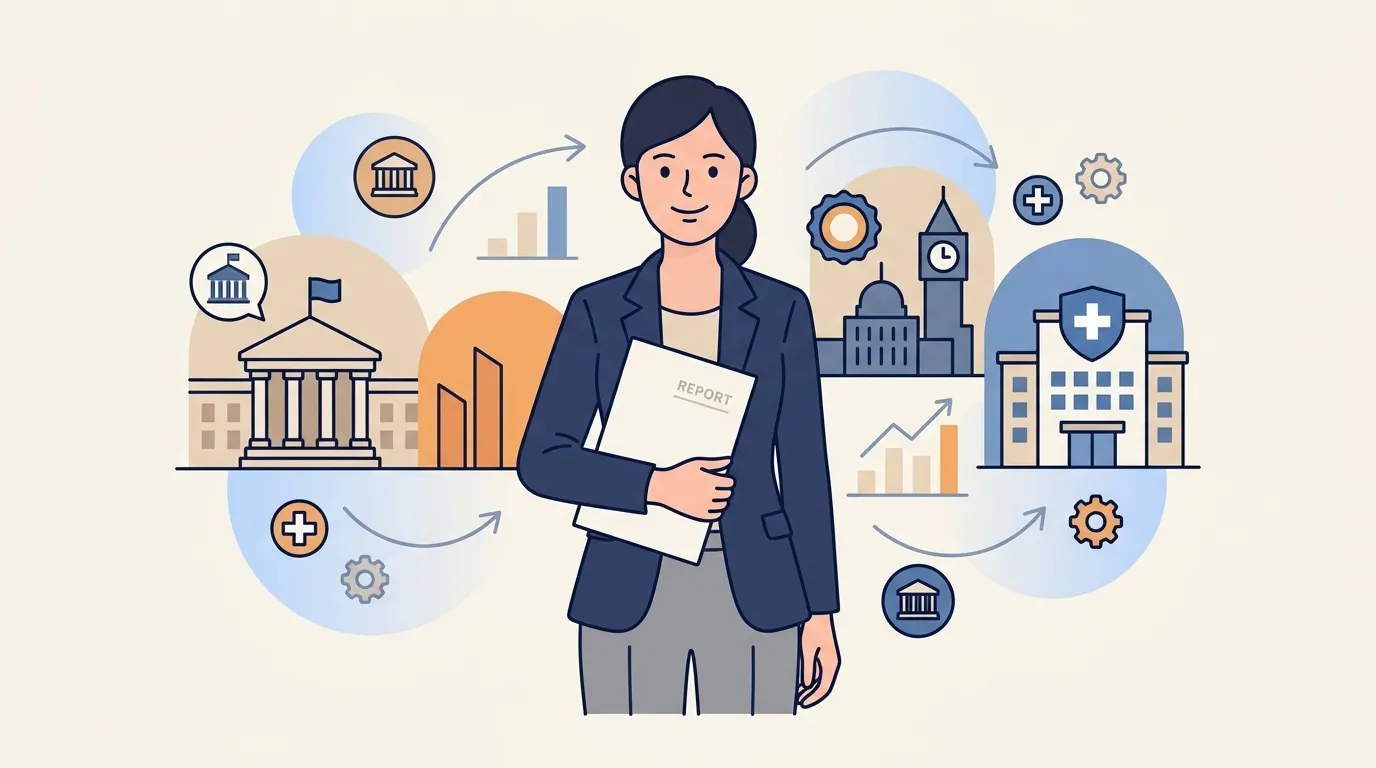 Femme avec rapport entour&eacute;e d'ic&ocirc;nes gouvernement, sant&eacute;, finance