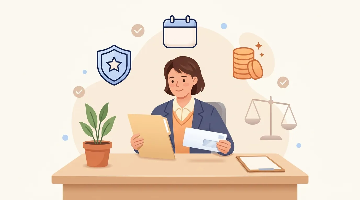 Femme d'affaires au bureau avec symboles de travail et organisation