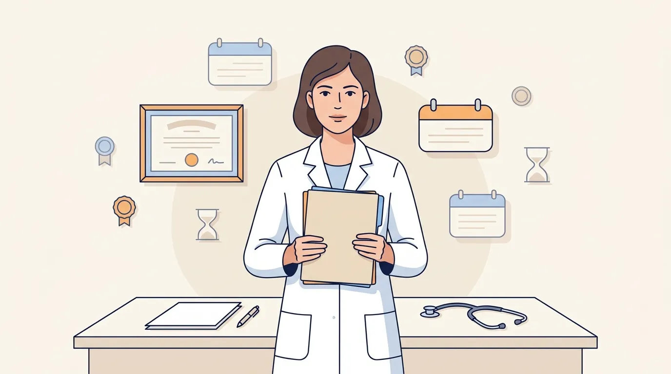 Femme m&eacute;decin tenant un dossier patient avec ic&ocirc;nes professionnelles