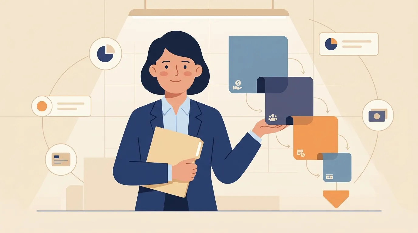 Femme d'affaires g&eacute;rant documents et donn&eacute;es num&eacute;riques organis&eacute;es