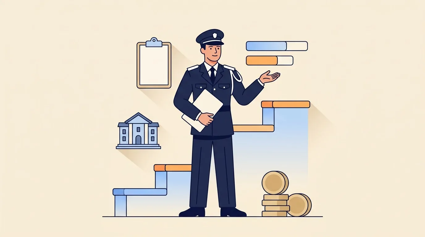 Policier en uniforme g&eacute;rant documents, progression et finances