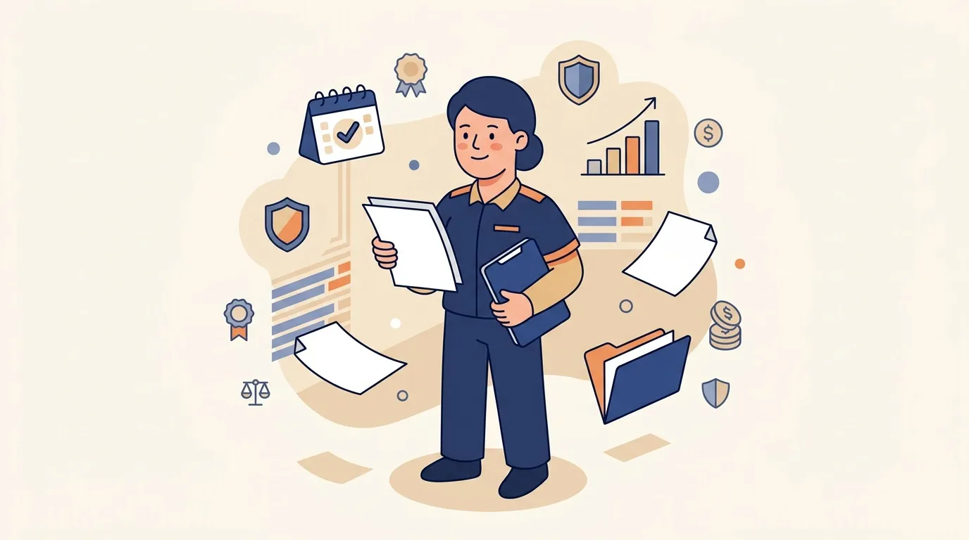 Femme tenant documents entour&eacute;e d'ic&ocirc;nes de gestion professionnelle