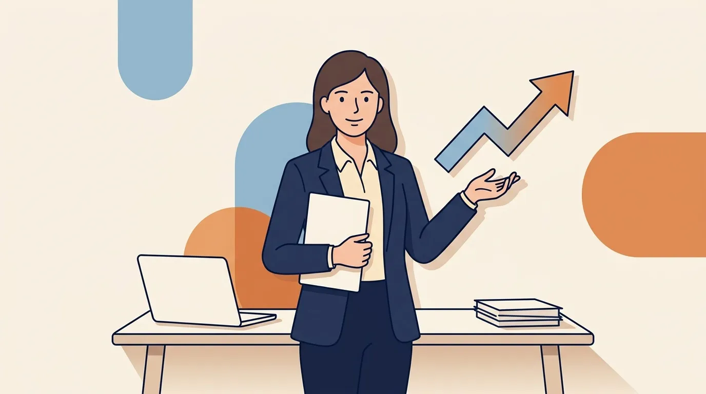Femme en costume avec graphique ascendant symbolisant la r&eacute;ussite