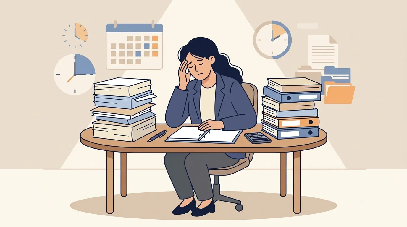 Femme stress&eacute;e entour&eacute;e de piles de documents et de livres