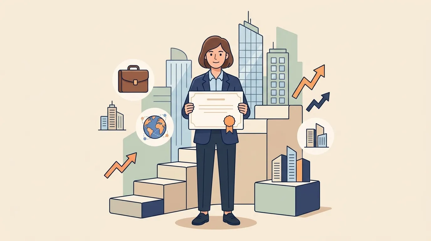 Professionnelle tenant un dipl&ocirc;me entour&eacute;e de symboles de croissance &eacute;conomique