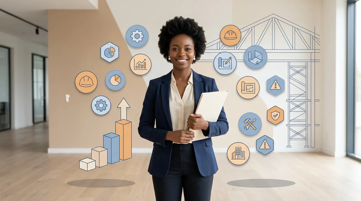 Femme d'affaires tenant une tablette entour&eacute;e d'ic&ocirc;nes construction