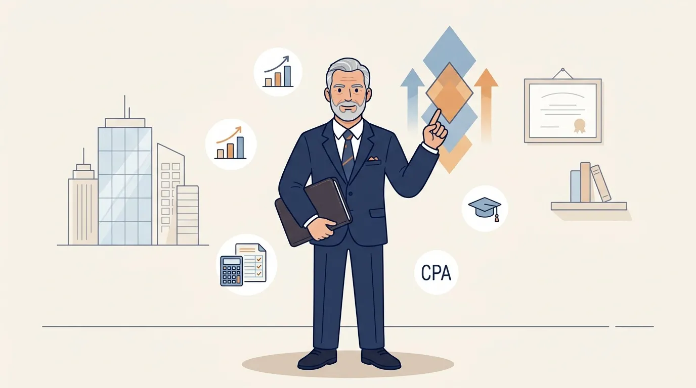 Homme d'affaires CPA entour&eacute; de symboles comptables et financiers