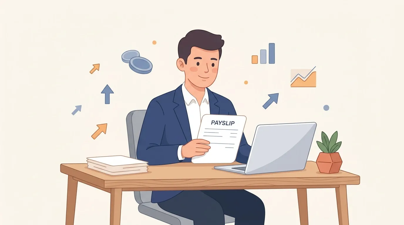 Homme au bureau avec bulletins de paie et graphiques financiers