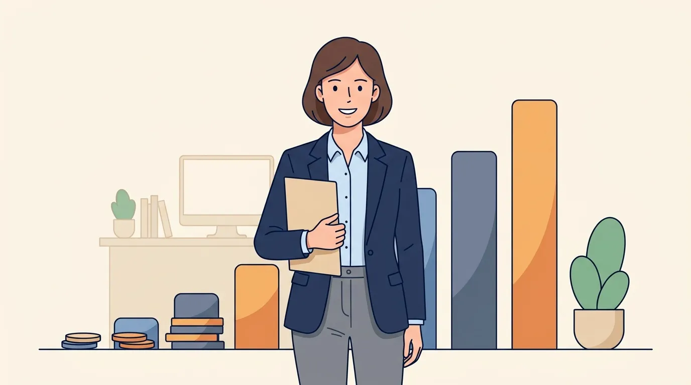 Femme d'affaires tenant un dossier devant des graphiques de croissance
