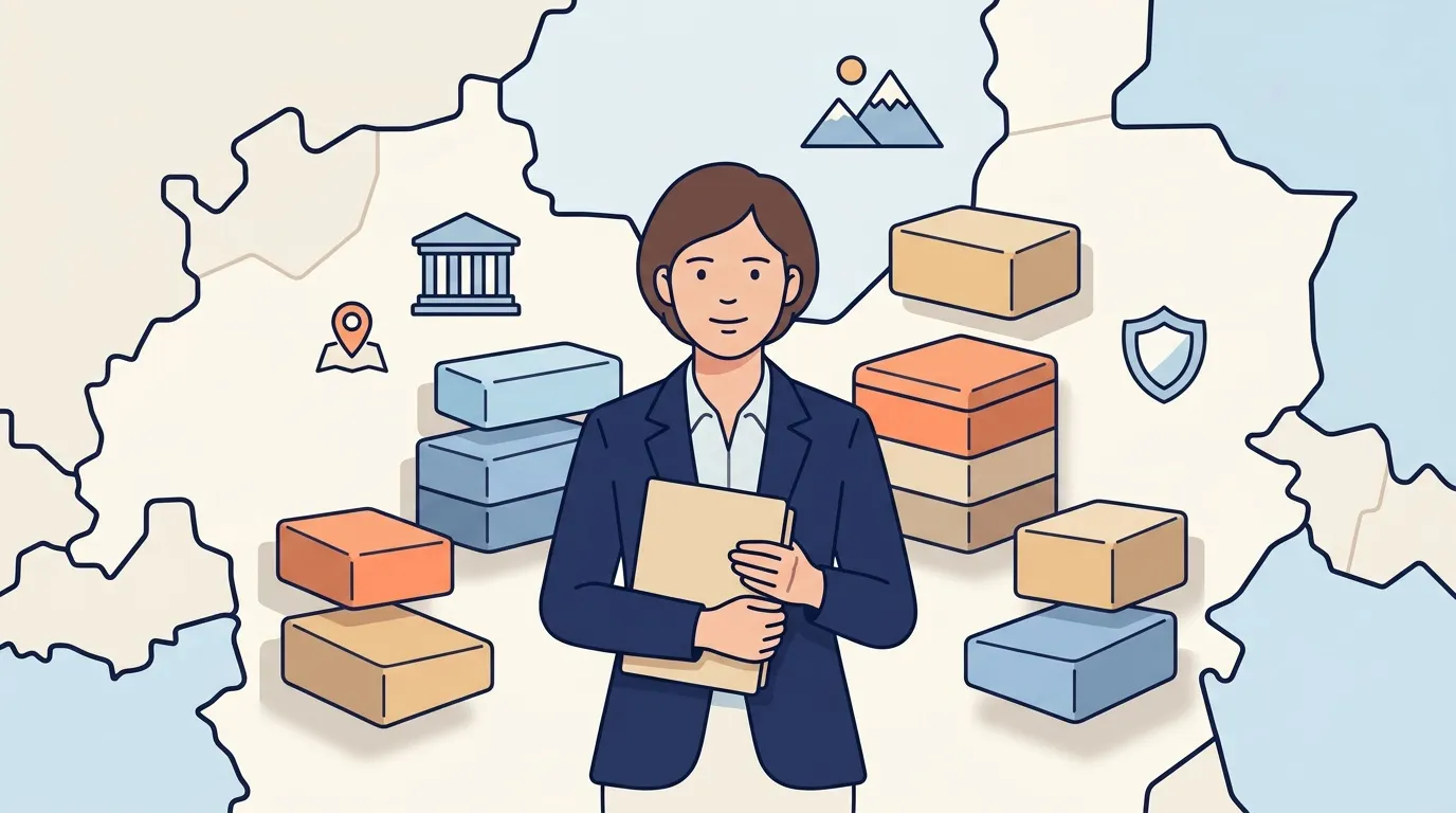 Femme professionnelle entour&eacute;e de bo&icirc;tes et symboles logistiques