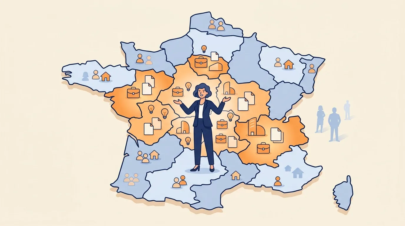Femme d'affaires avec carte France montrant développement régional