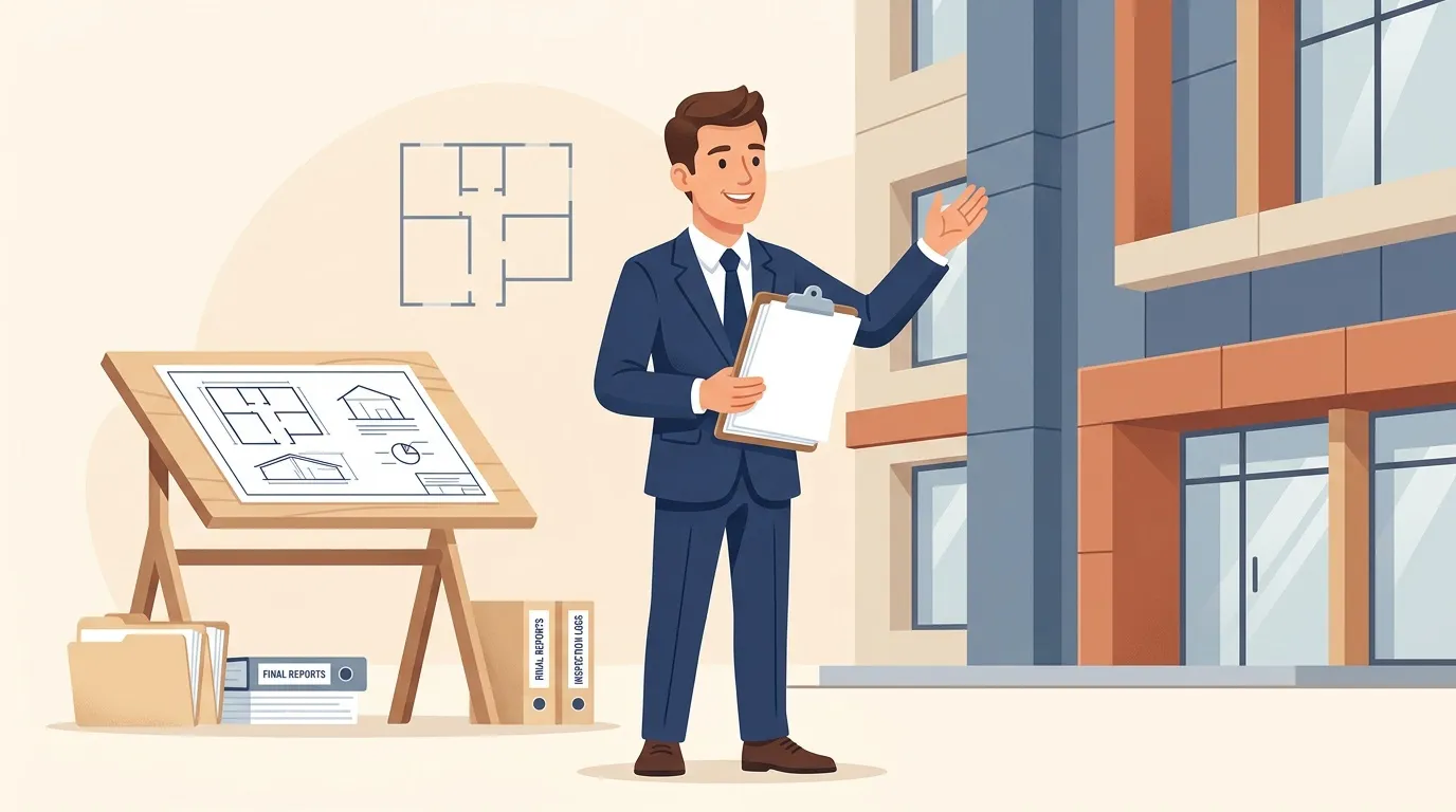 Homme d'affaires avec plans et documents immobiliers sourit