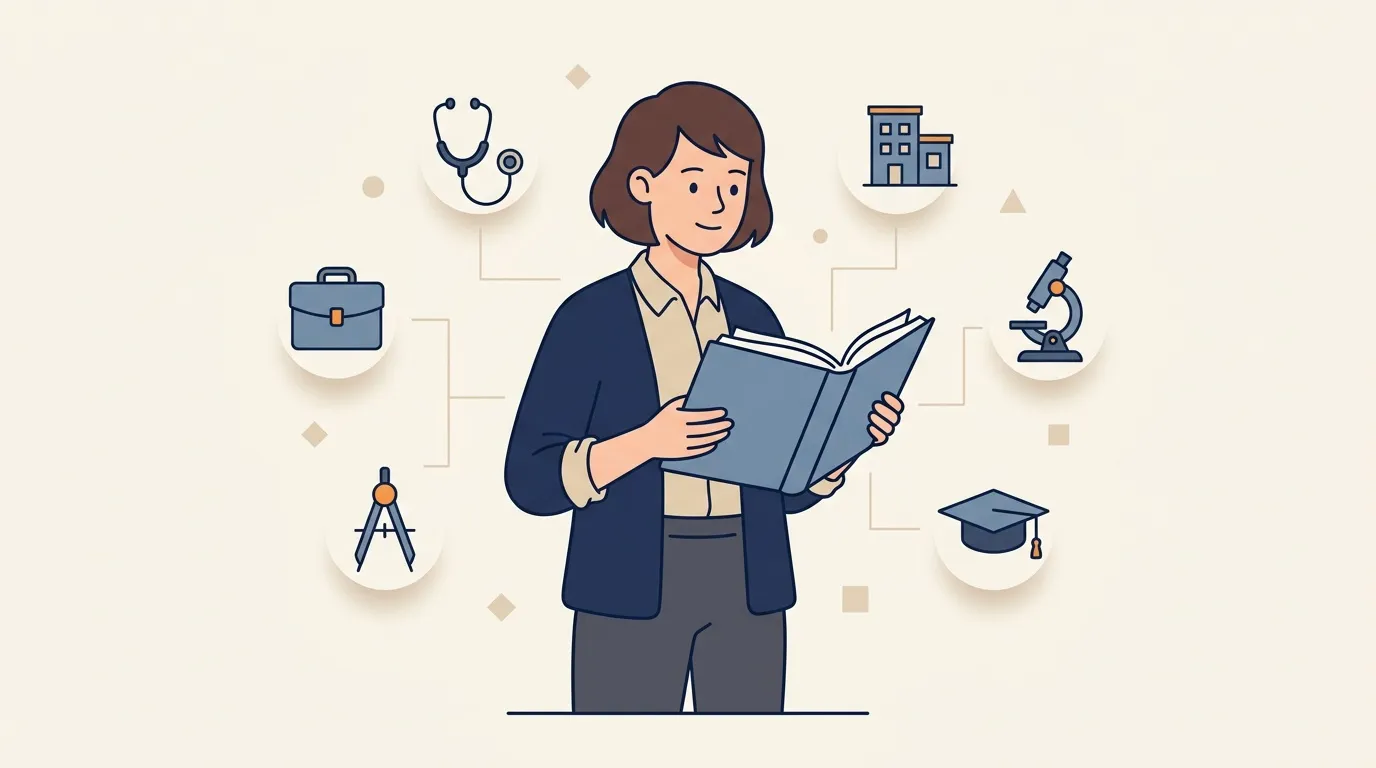 Femme lisant avec icônes représentant différents domaines professionnels