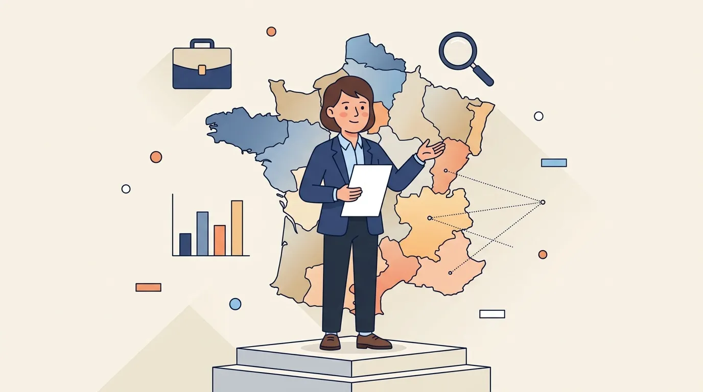 Femme d'affaires avec carte France et outils de gestion