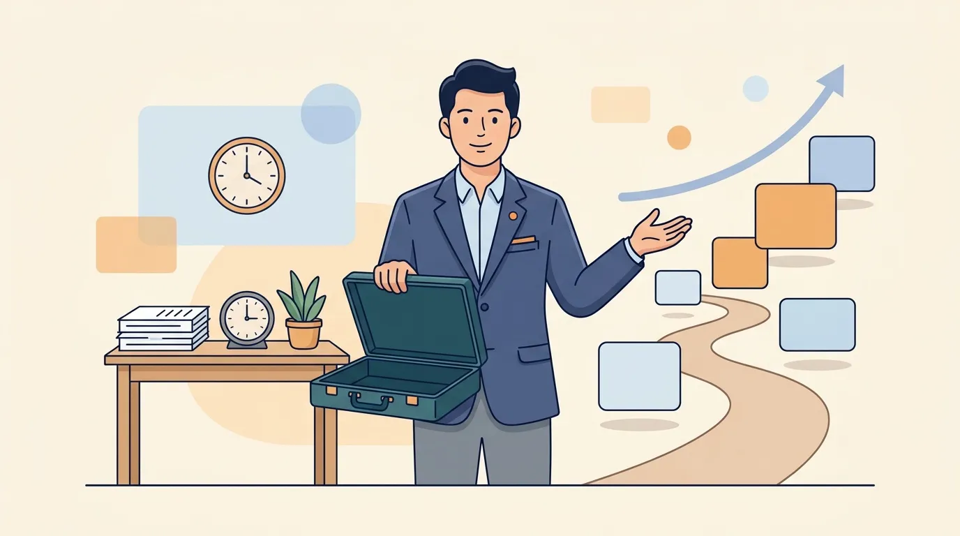 Homme d'affaires avec mallette et laptop, diagramme workflow