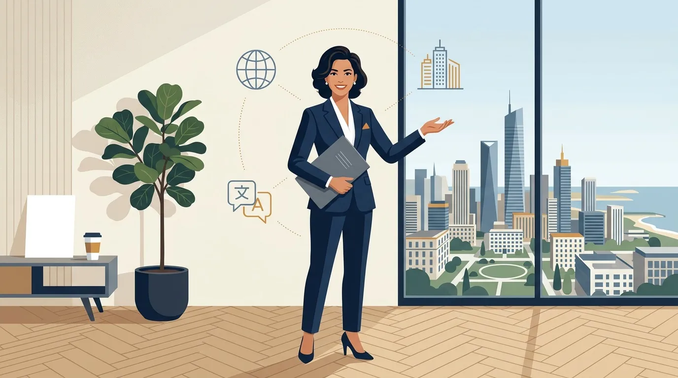 Femme en costume bleu tenant un dossier dans un bureau moderne