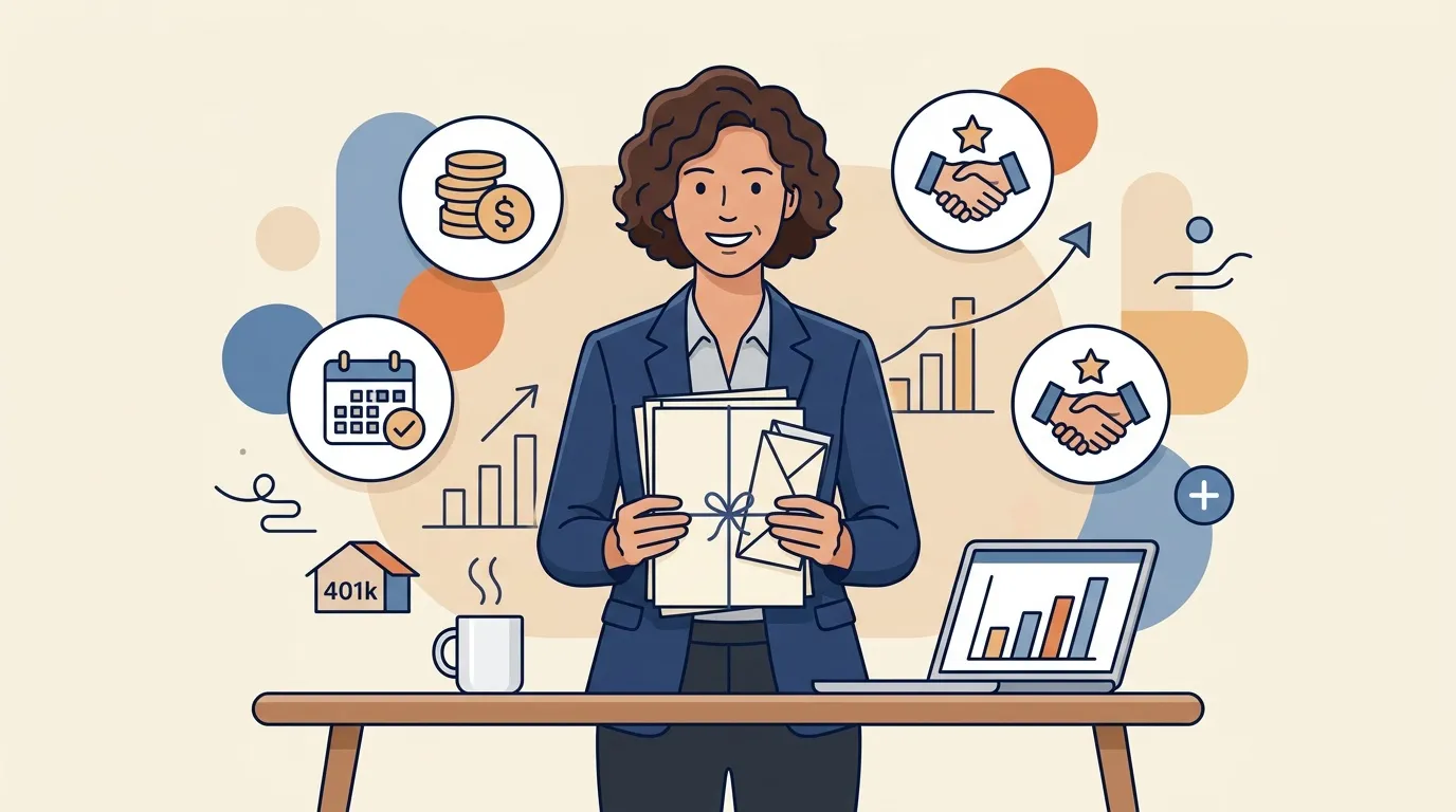 Femme professionnelle avec documents, icônes financières et commerciales