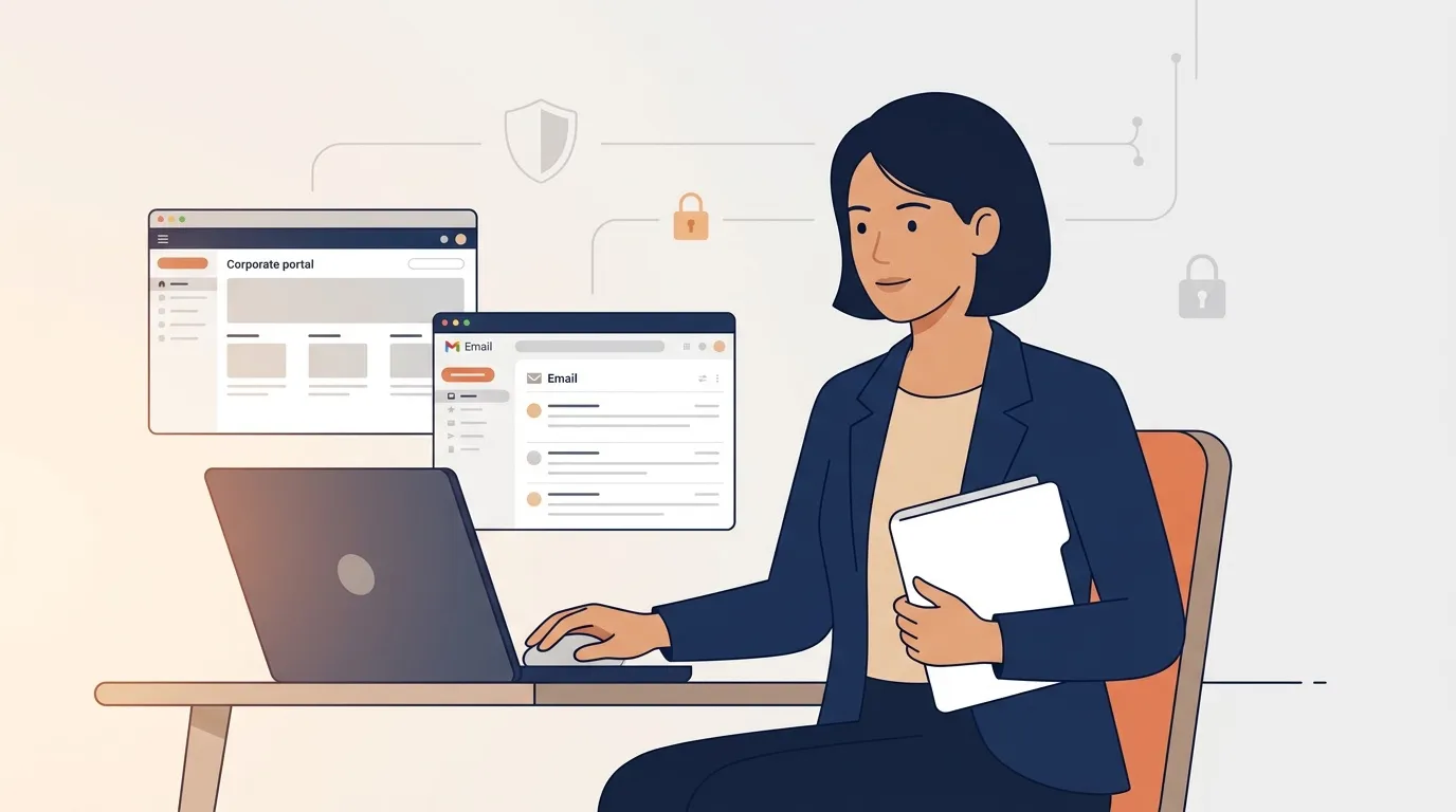 Professionnelle utilisant laptop et tablette avec outils num&eacute;riques s&eacute;curis&eacute;s