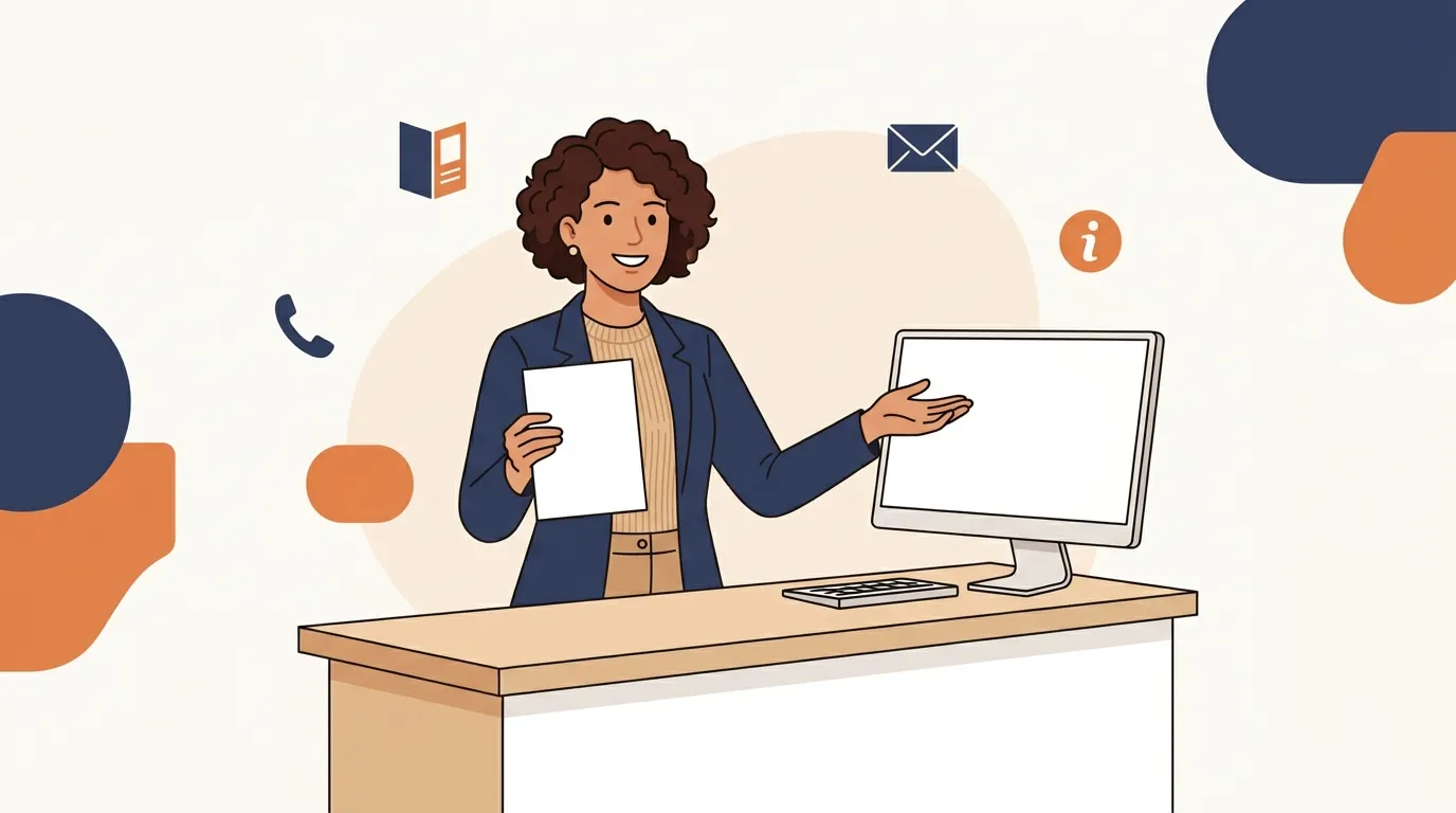 Femme souriante au bureau avec ordinateur et documents papier