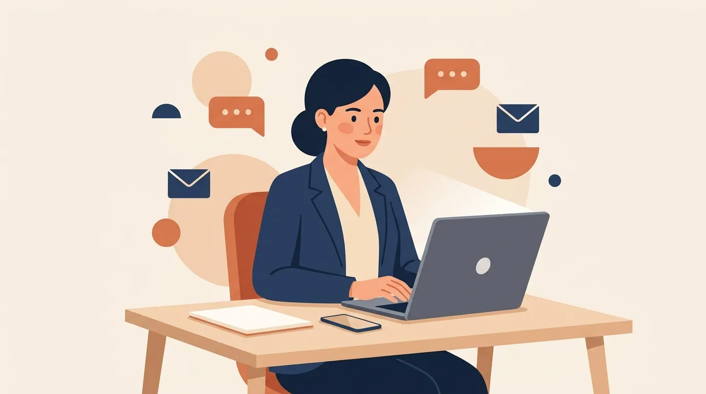 Femme d'affaires travaillant sur ordinateur avec icônes de communication