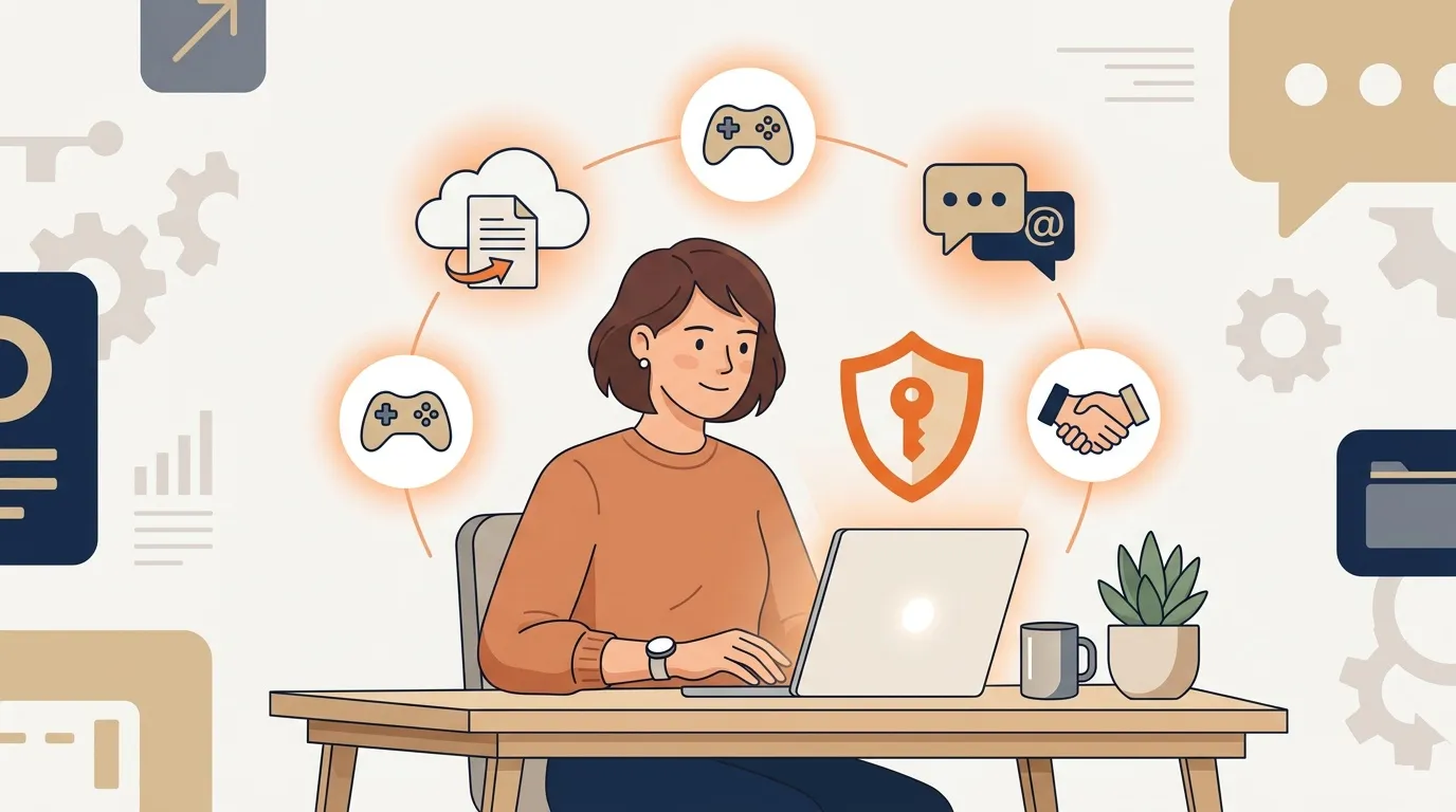 Femme &agrave; son bureau utilisant un ordinateur portable entour&eacute;e d'ic&ocirc;nes num&eacute;riques