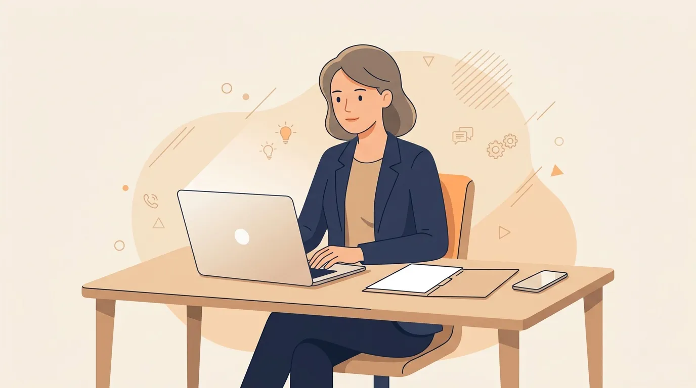 Femme assise &agrave; un bureau avec un laptop, environnement de travail moderne