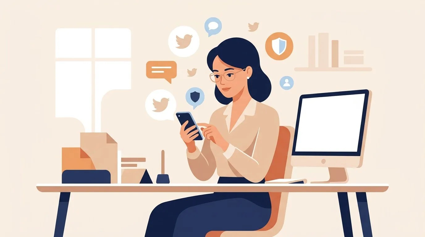 Femme au bureau utilisant smartphone avec ic&ocirc;nes r&eacute;seaux sociaux