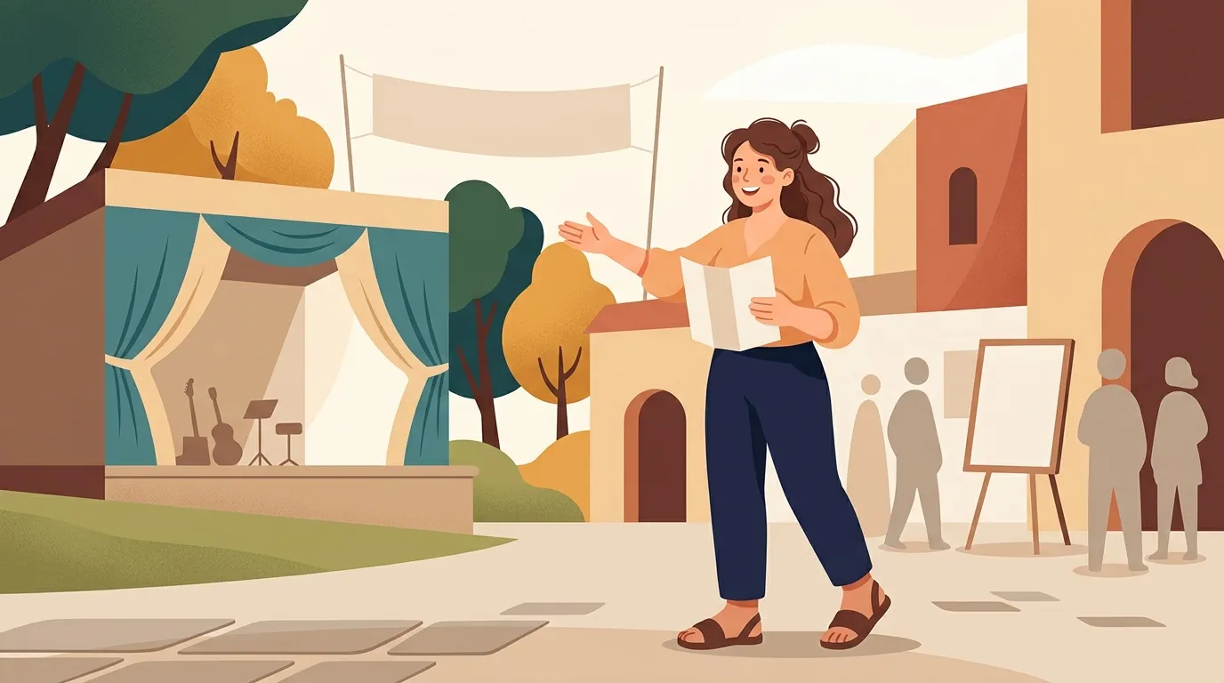 Femme souriante présentant un événement devant une audience