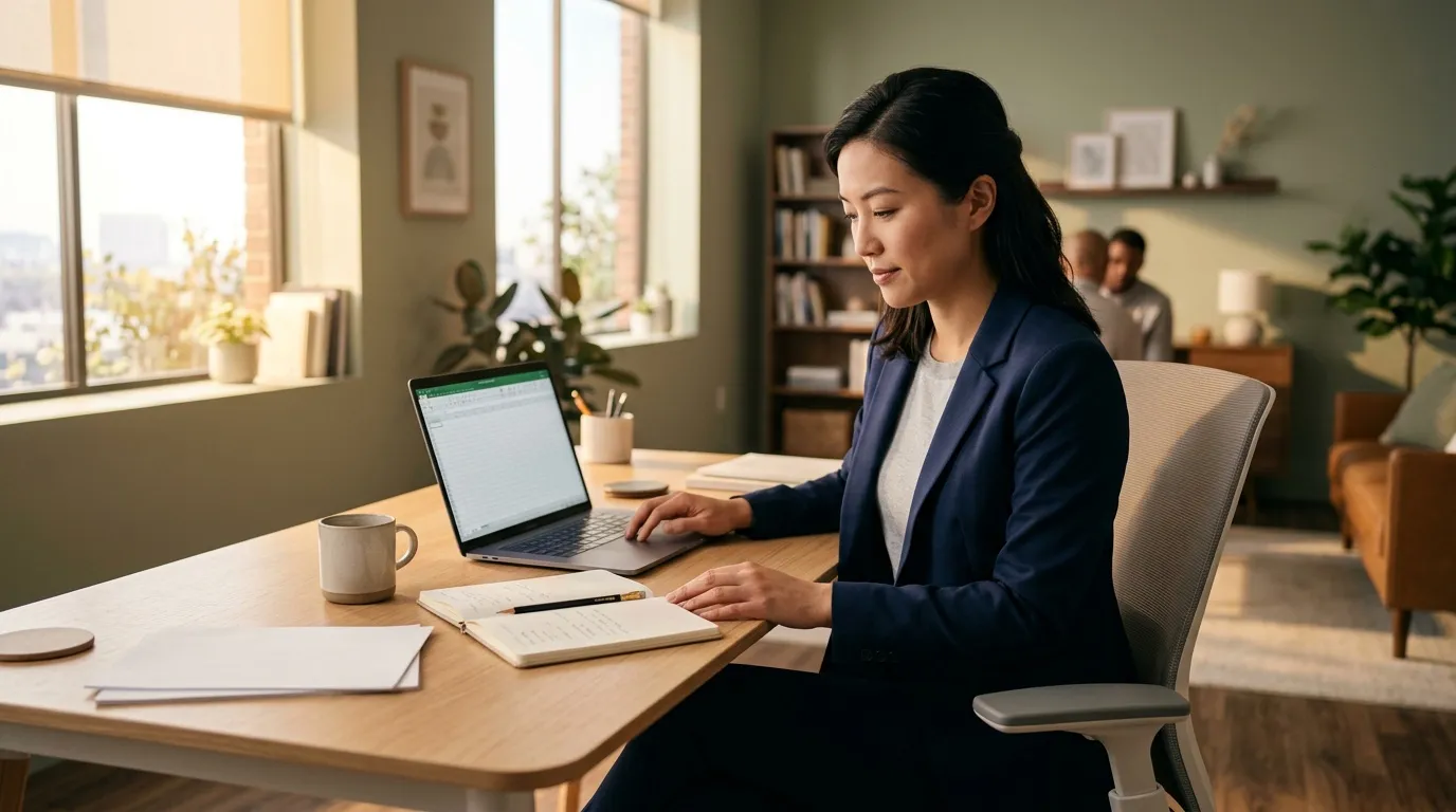 Femme en blazer bleu travaillant sur ordinateur portable au bureau