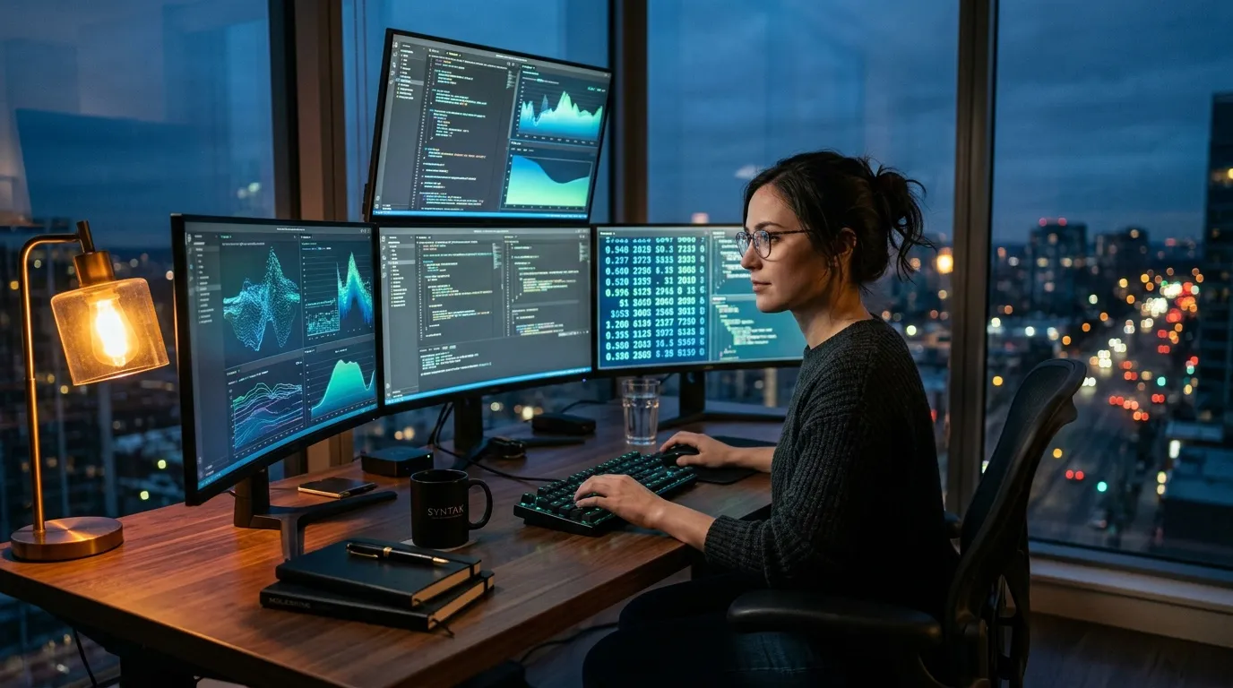 Femme programmeur codant sur plusieurs écrans en hauteur