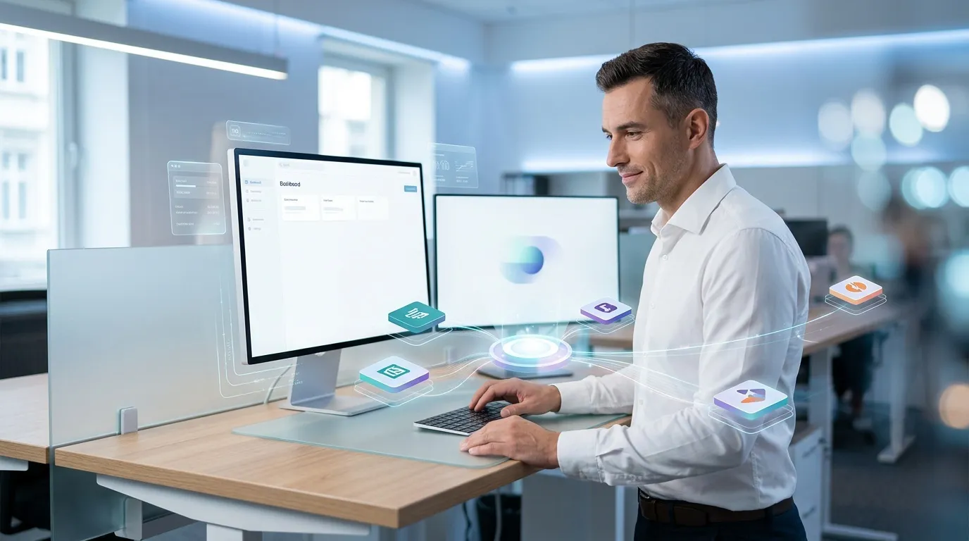Homme au bureau utilisant ordinateurs et applications num&eacute;riques