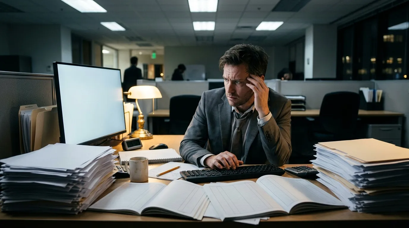 Homme d'affaires stressé travaillant tard au bureau avec documents