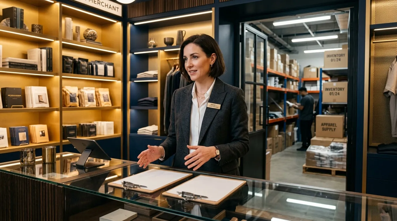 Femme en blazer noir accueillant clients dans bureau moderne