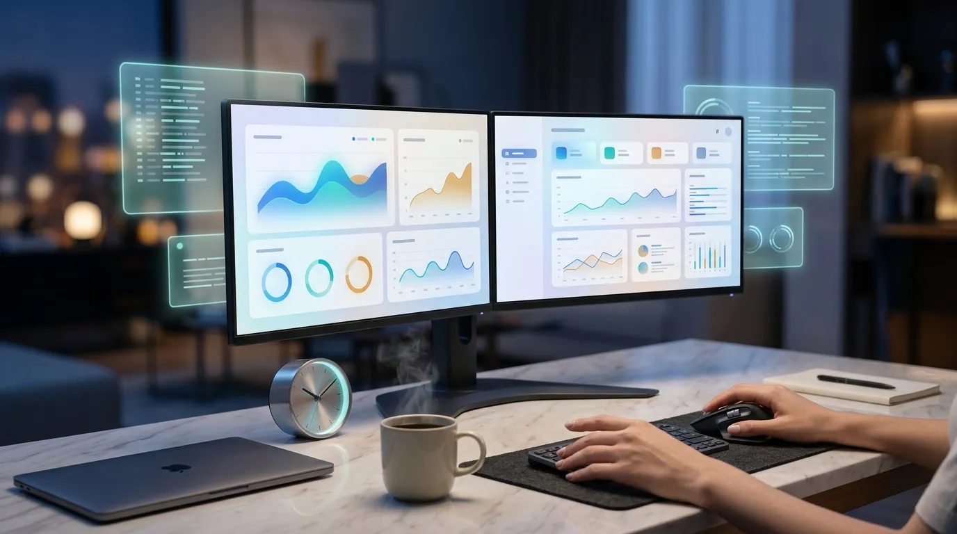 Personne analysant des données sur deux écrans avec graphiques